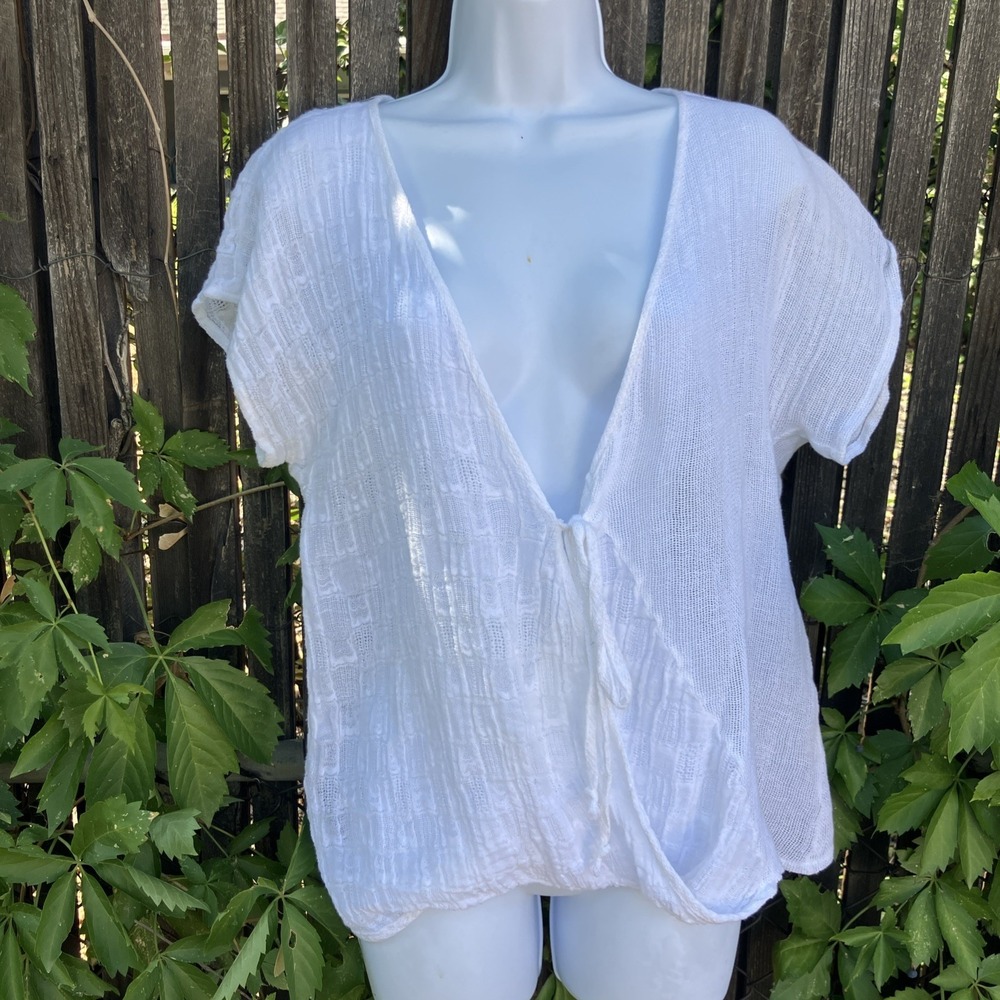 Babette Front Tie Open Knit Short Sleeve Cardigan Linen Blend Med White Coastal